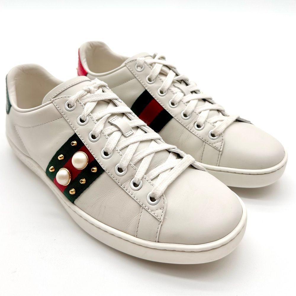 Gucci Ace Trainers Pearl Studded Web White Leather Low Top Sneakers EU 38 US 8 - Picture 9 of 13